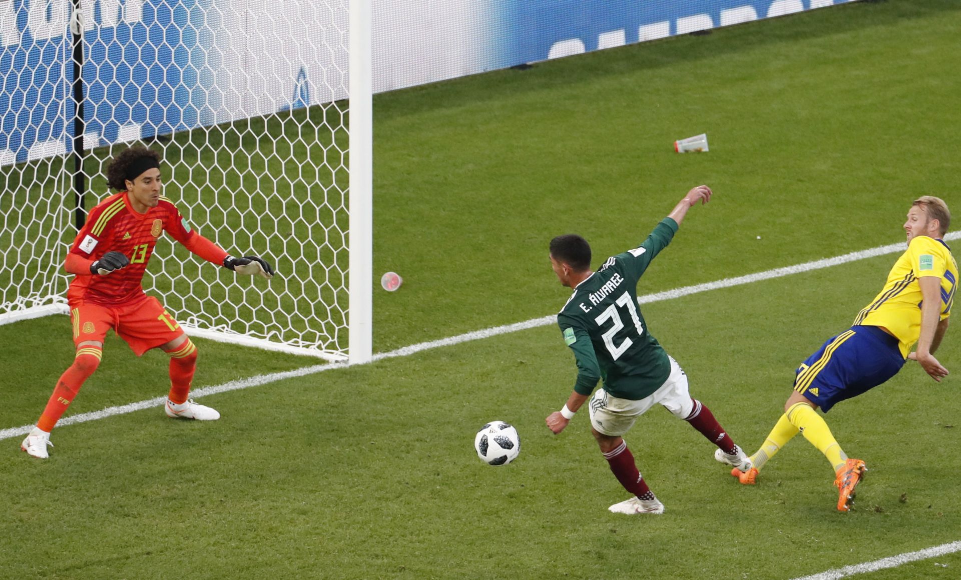 Edson Alvarez (C) of Mexico scores an own goal during the FIFA World Cup 2018 group F preliminary round soccer match between Mexico and Sweden in Ekaterinburg, Russia, 27 June 2018.