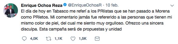Ochoa Reza se disculpa