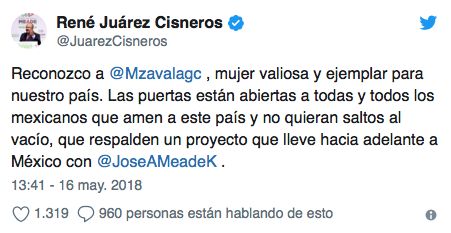 Reconozco a @Mzavalagc , mujer valiosa y ejemplar para nuestro país. Las puertas están abiertas a todas y todos los mexicanos que amen a este país y no quieran saltos al vacío, que respalden un proyecto que lleve hacia adelante a México con @JoseAMeadeK