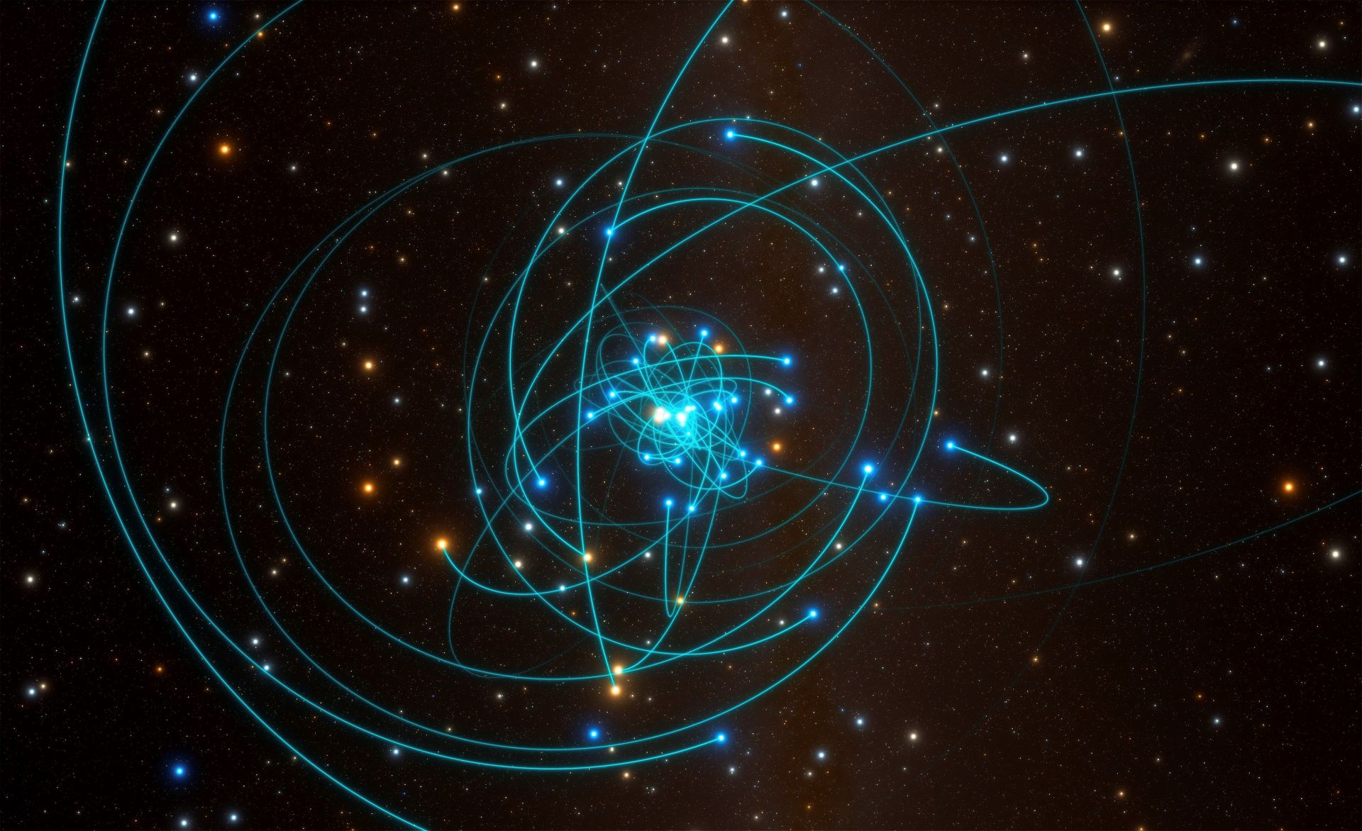 Fotografía facilitada por European Southern Observatory.- Esta simulación muestra las órbitas de las estrellas muy cerca del agujero negro supermasivo en el centro de la Vía Láctea.