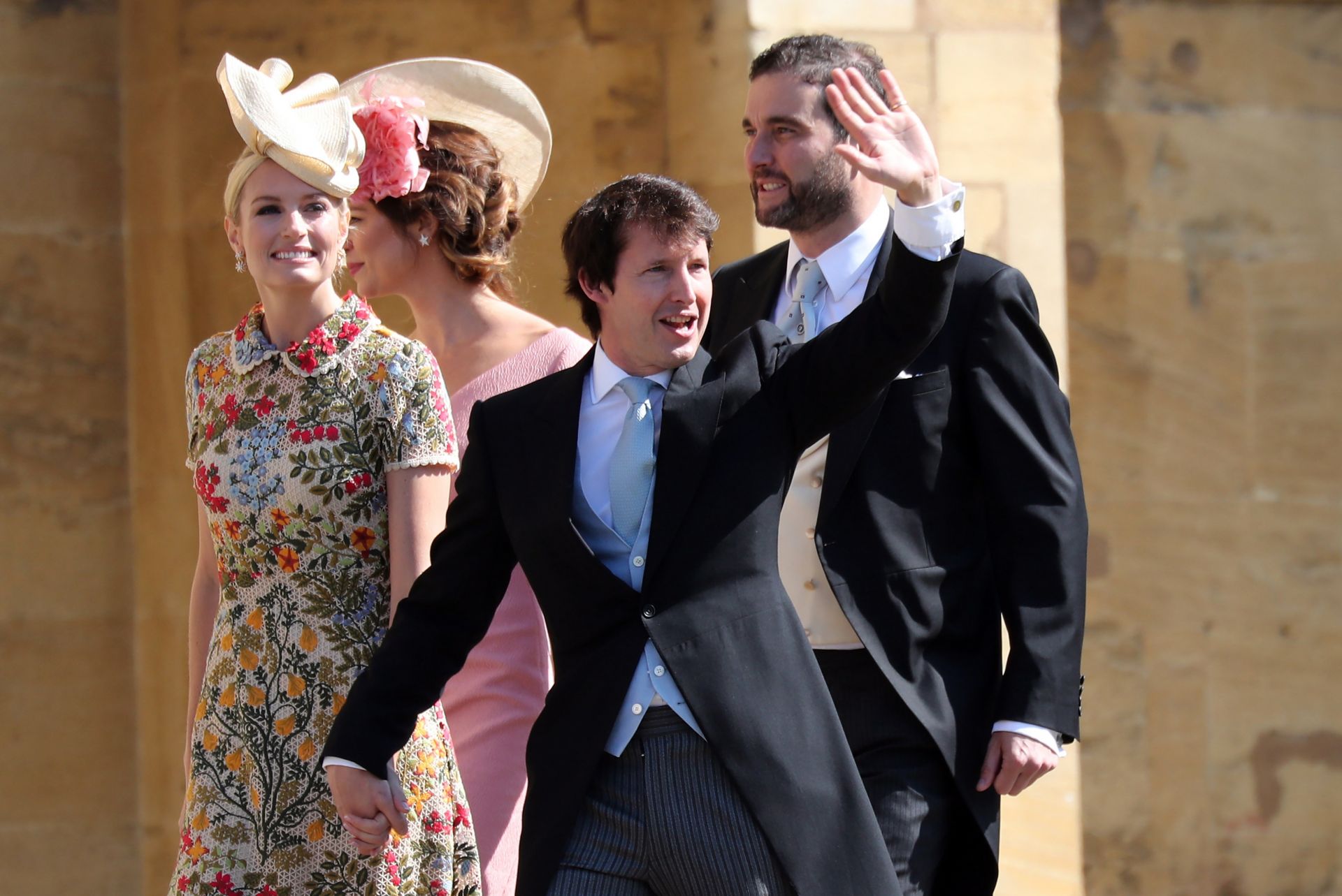 James Blunt (C) and Sofia Wellesley arrive for the royal wedding ceremony of Prince Harry and Meghan Markle at St George's Chapel in Windsor Castle